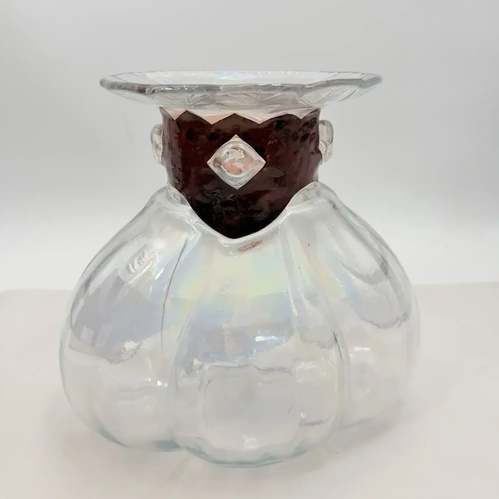 Silvestri Mouth Blown Iridescent Glass Vase with Copper Tone Collar 11.5